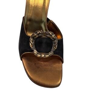 Donald Pliner Black Suede Bronze Metal Buckle Rhinestones Shoe Slide $295 NWT 11